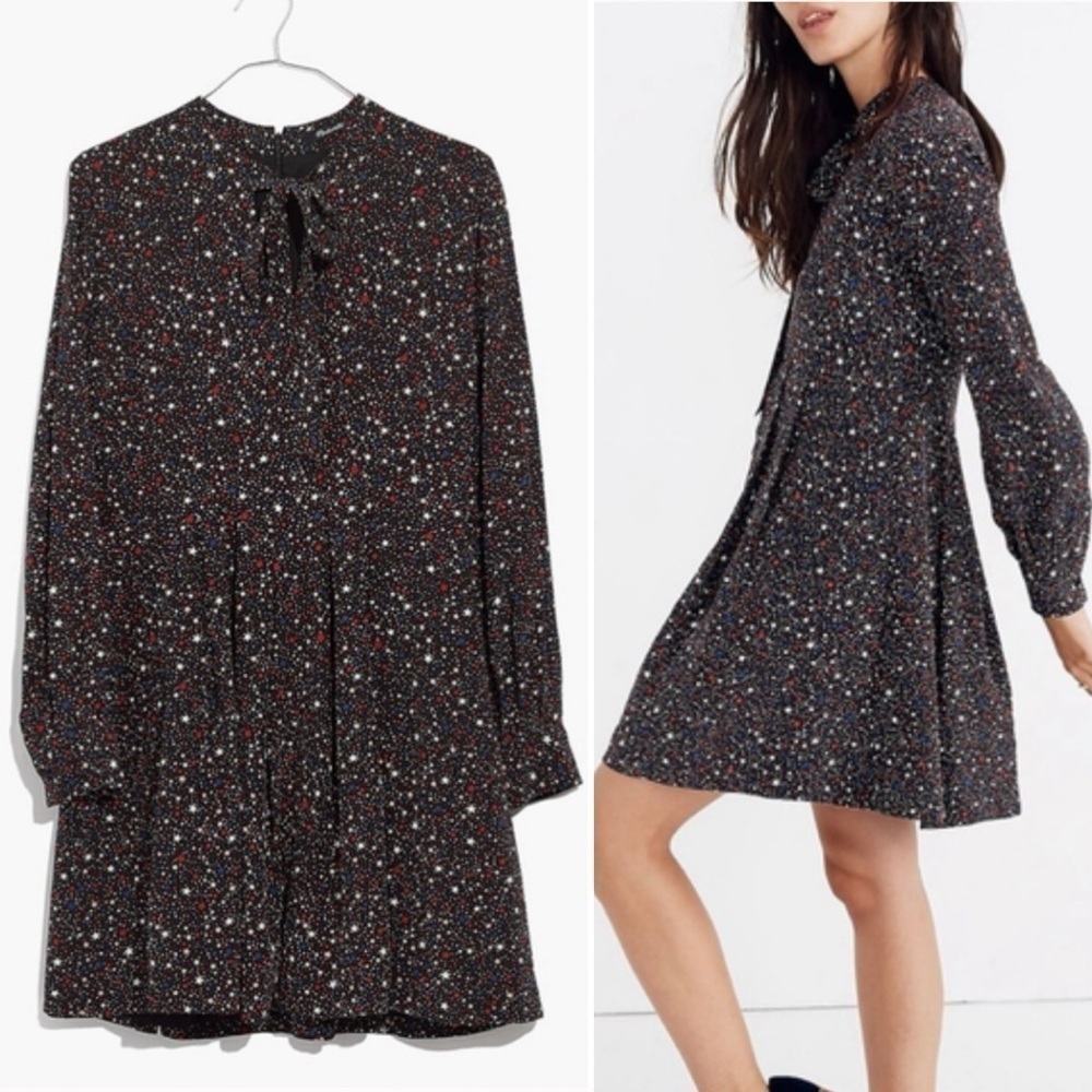 Madewell Balsam Tie-Neck Dress silk Starry Night multi black red blue stars mini
